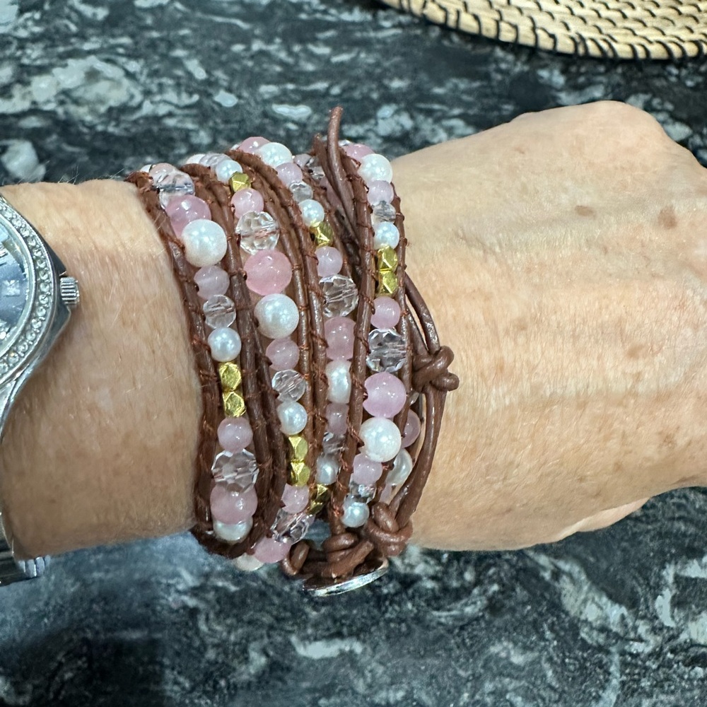 Victoria Emerson 25" Beaded Wrap Bracelet with Gold and pink and pearl Beads